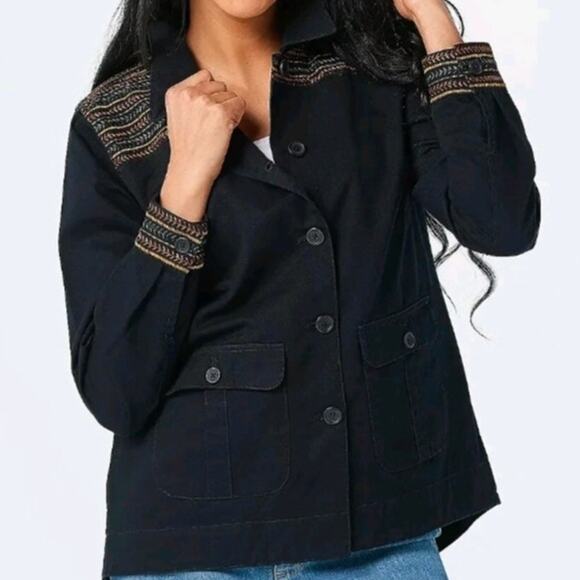 NWT DENIM & CO Black Embroidered Cotton Twill Utility Jacket 3X Boho Western - Picture 3 of 15
